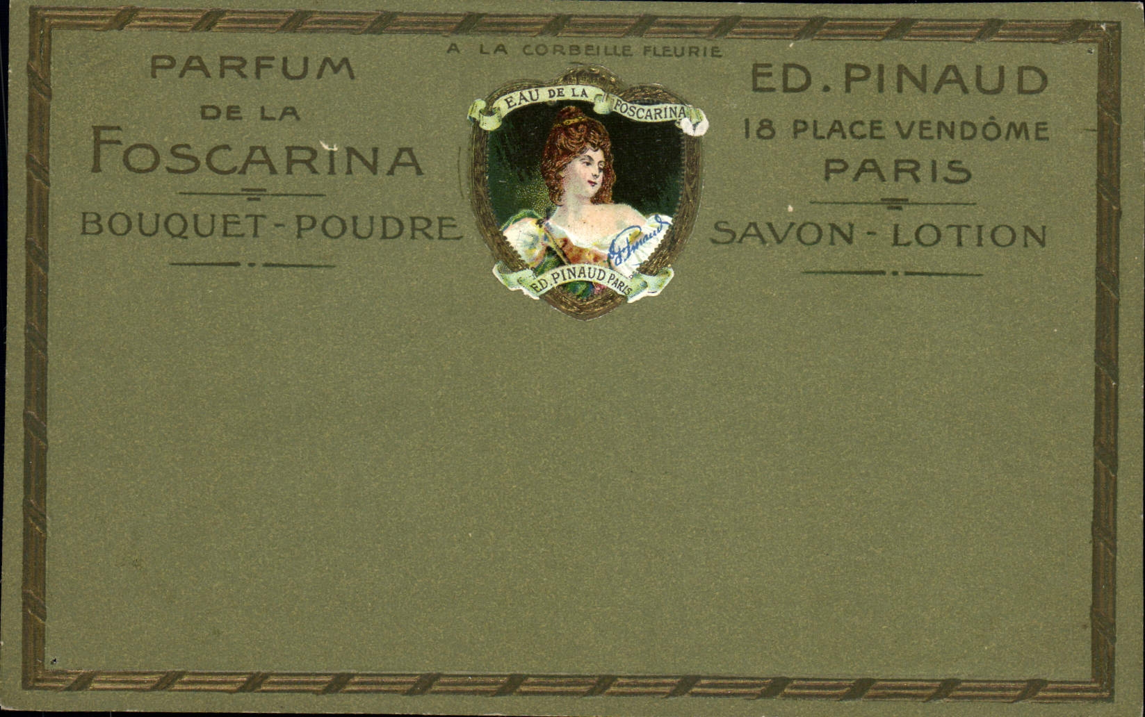 VINTAGE POSTCARD Parfum of Foscarina Bouquet Powders ED Pinaud Place Vendome Paris Savon Lotion