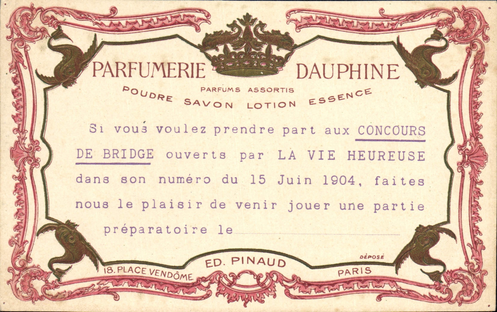 VINTAGE POSTCARD Dauphine Parfumerie Contest of Bridge happy Life TOP ED Pinaud Places Vendome Paris