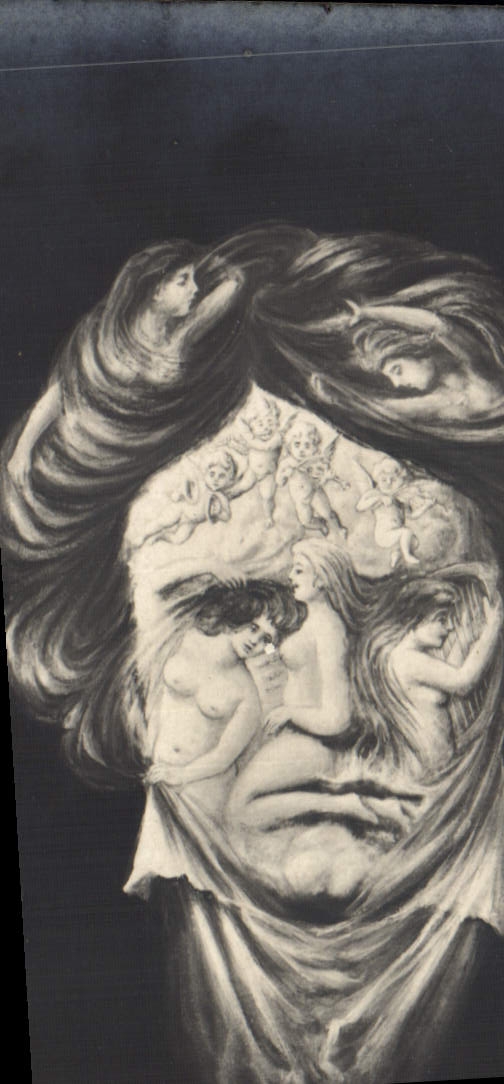 TAPA de Beethoven del surrealismo de la POSTAL de la VENDIMIA