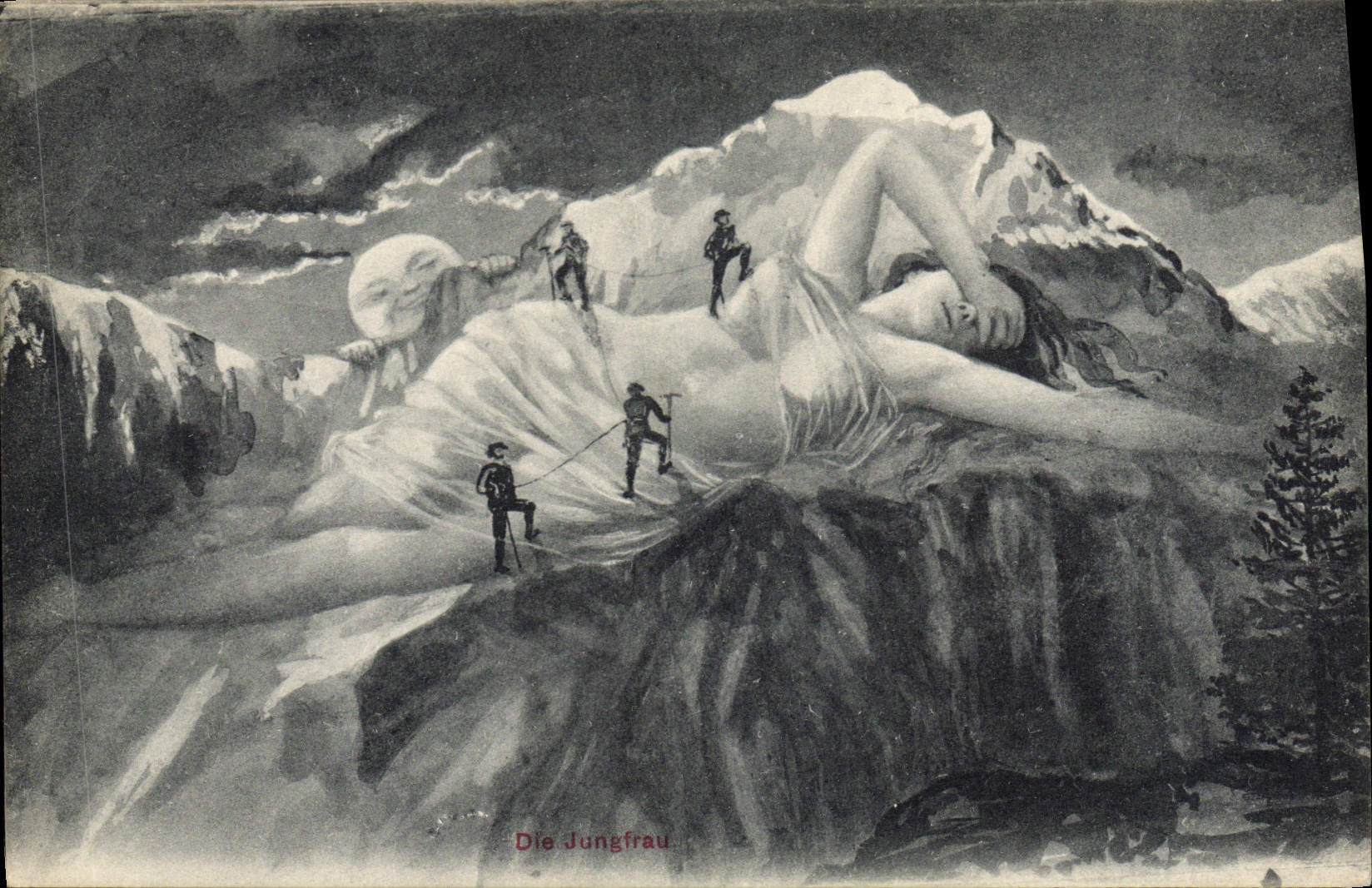 VINTAGE POSTCARD Surrealism Woman Alpinism the Moon Die jungfrau