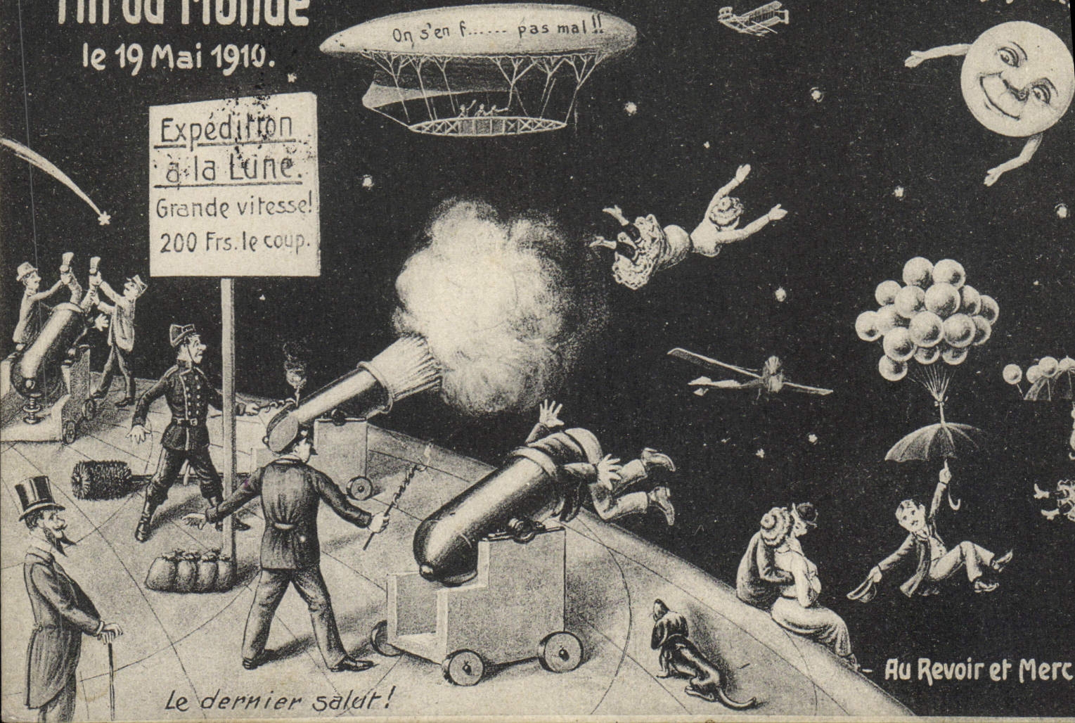 VINTAGE POSTCARD Surrealism End of the world on May 19th, 1910 Zeppelin Airship the Moon