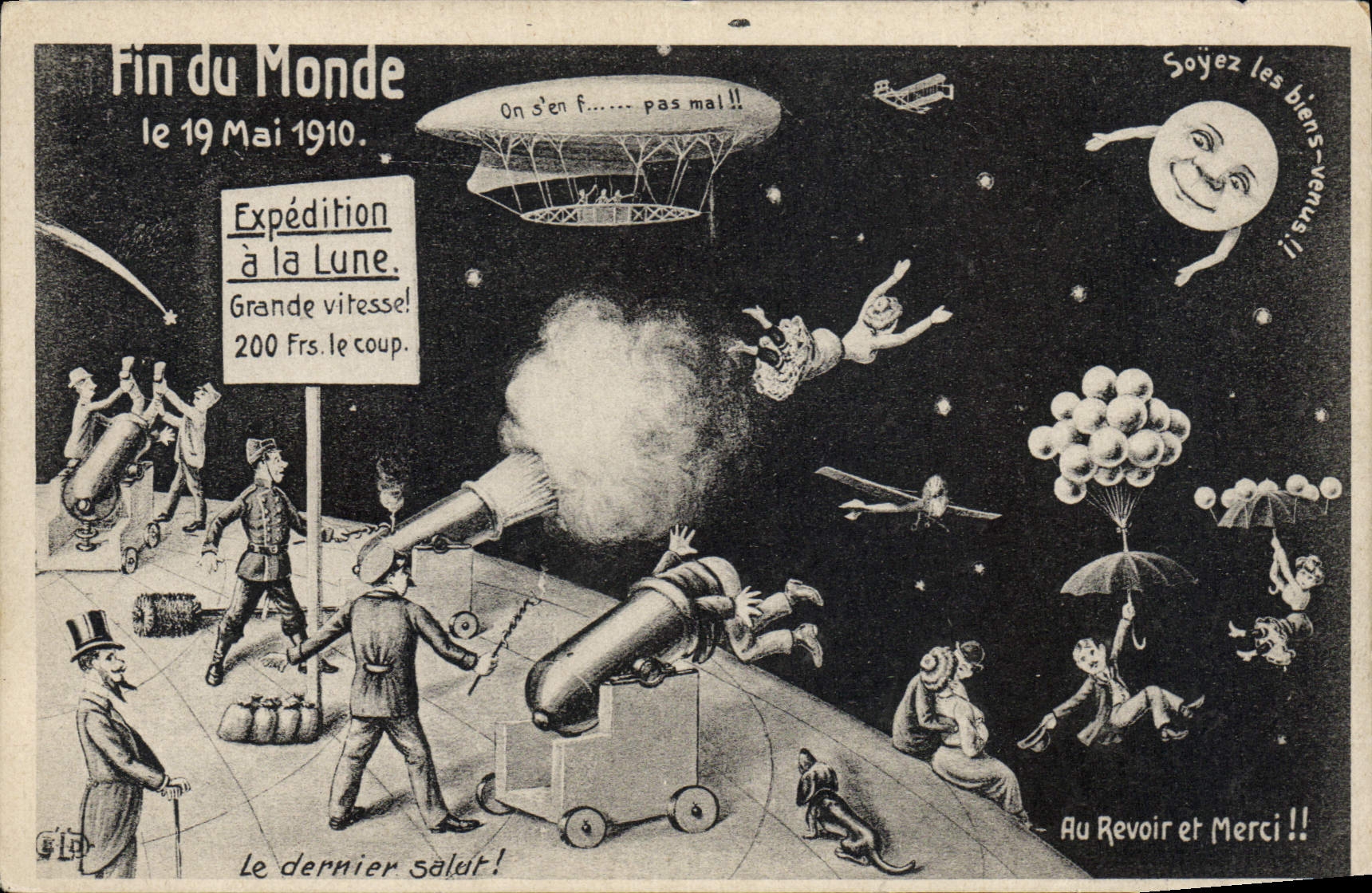 CPA Surrealisme Fin du monde le 19 mai 1910 Expedition a la lune Zeppelin Dirigeable