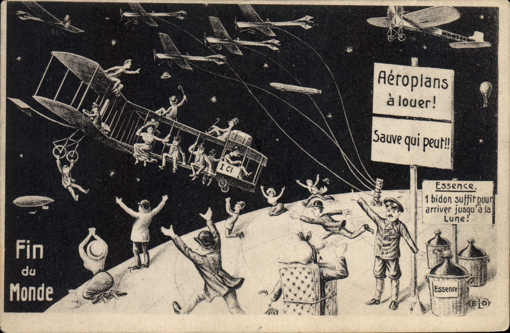 VINTAGE POSTCARD Surrealisme End of the world Airplanes has to rent Sauve which can! Plane
