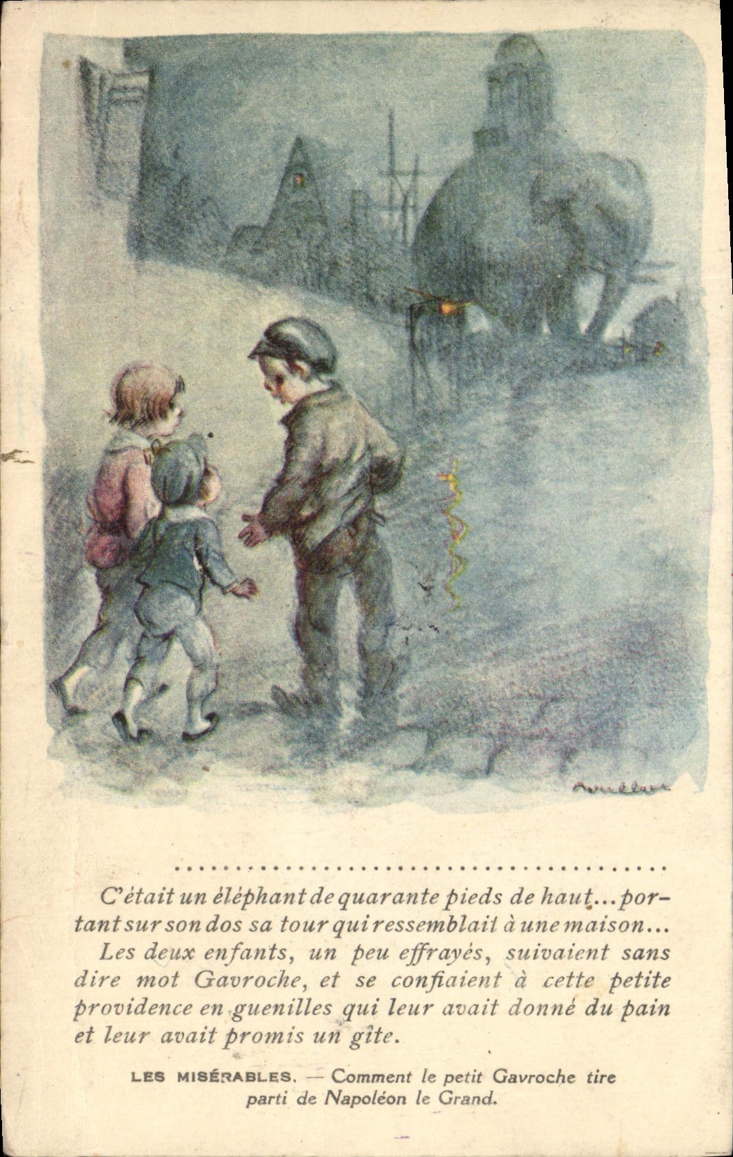 Ilustrador de Poulbot de la fantasía de la POSTAL de la VENDIMIA el elefante pobre de los wretches