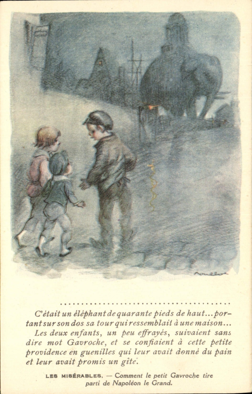 CPA Fantaisie Illustrateur Poulbot Victor Hugo Les miserables Gavroche Napoleon le Grand Elephant 