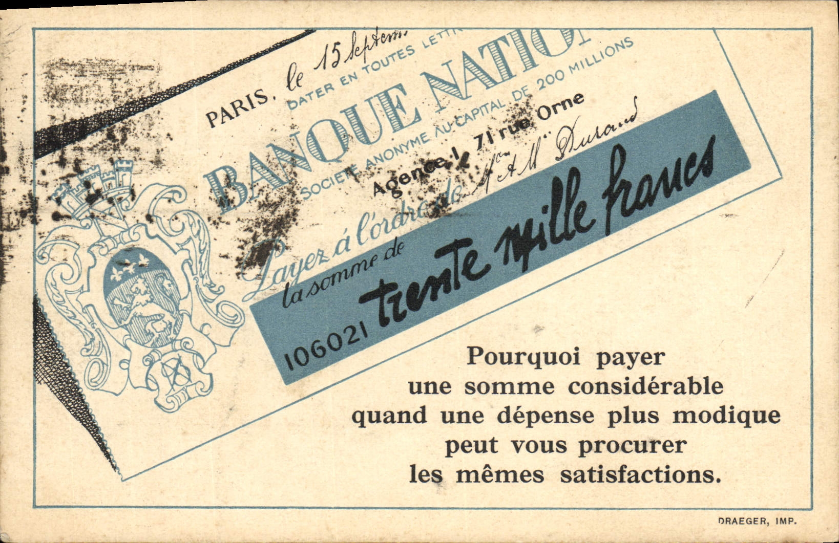 VINTAGE POSTCARD Monnaies Banks National Lion