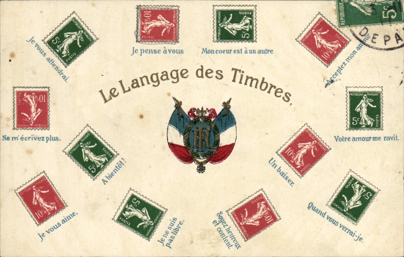 CPA Le langage des timbre Semeuse 5c Vert 10c Rouge