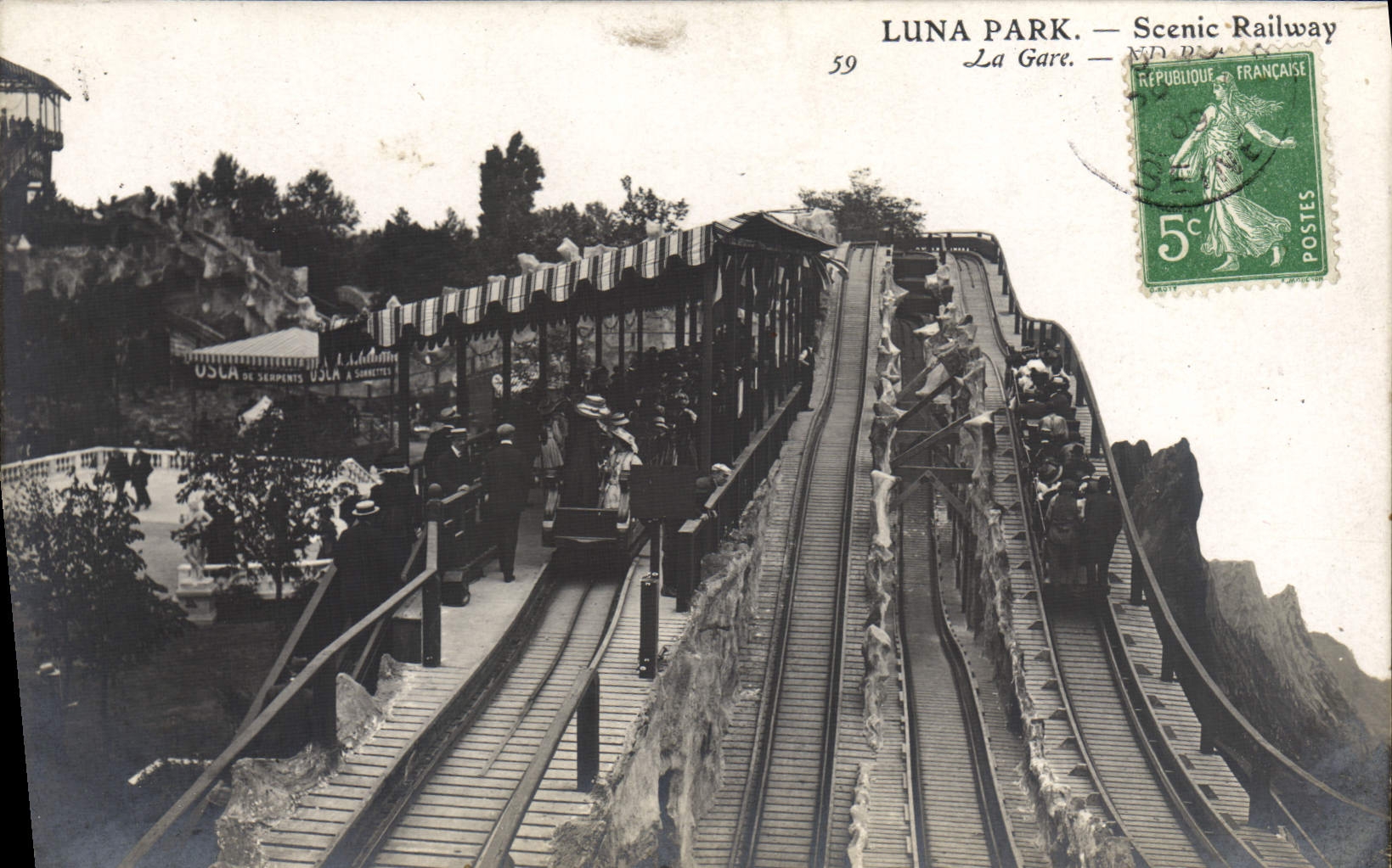 VINTAGE POSTCARD Fun fair Luna Park Scenic Railway Train station