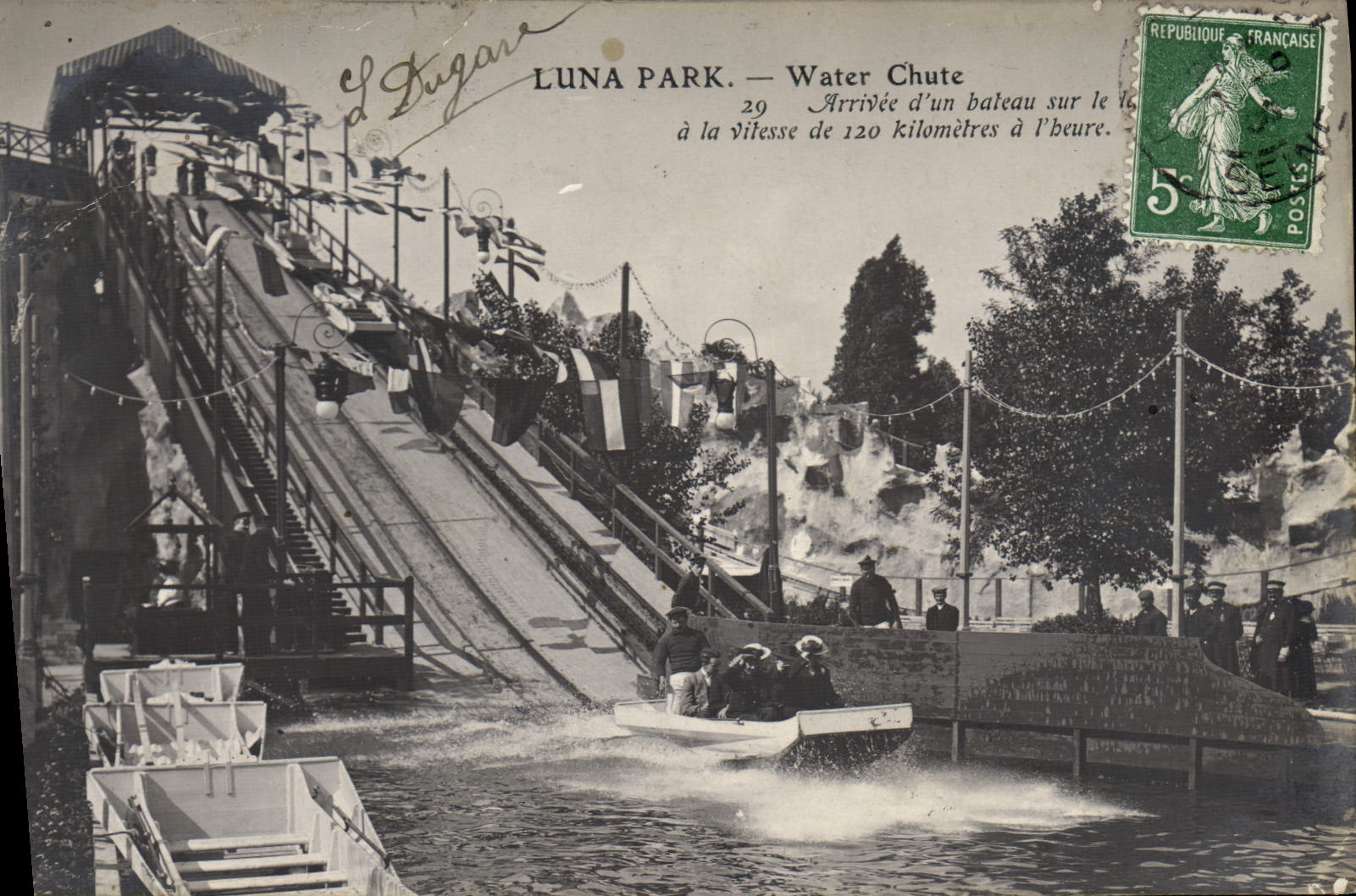 VINTAGE POSTCARD Fun fair Luna Park Water Falls Arrived of a boat