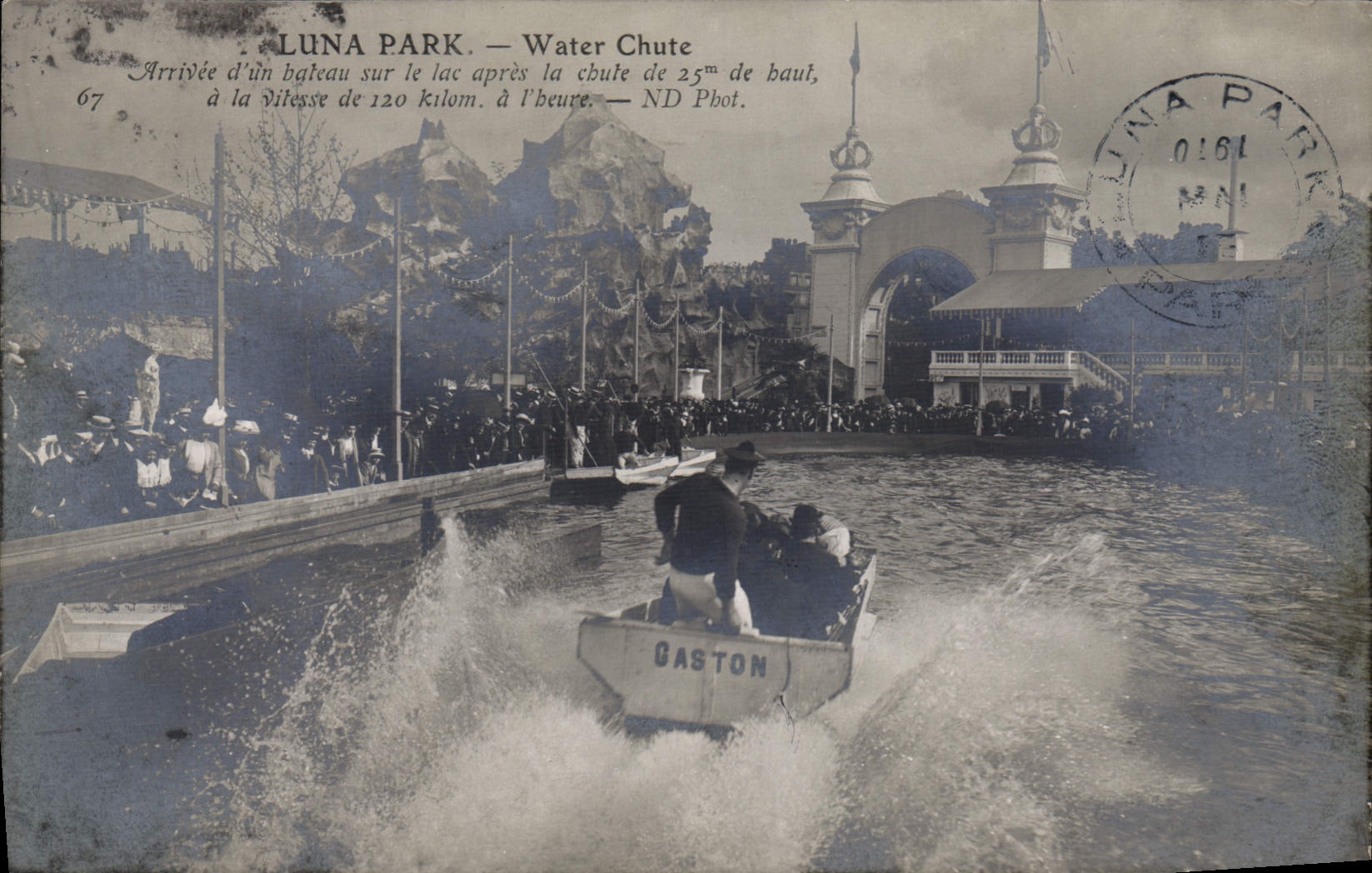 VINTAGE POSTCARD Fun fair Luna Park Water falls Arrivee of a boat on the lake