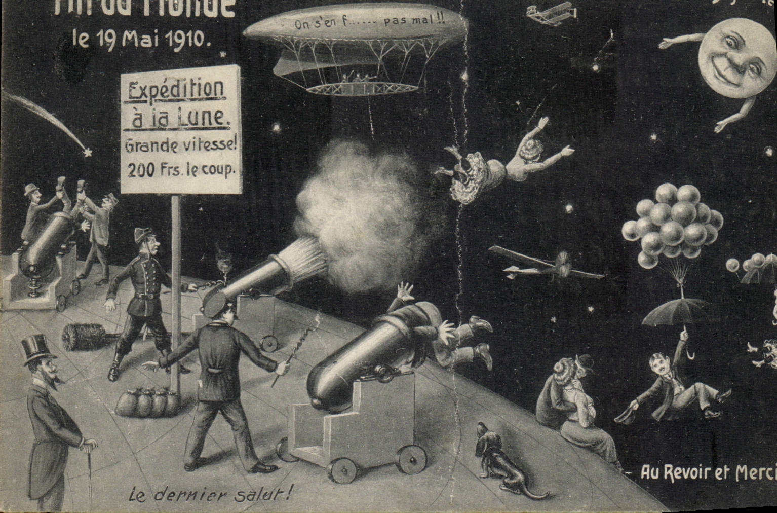 CPA Fantaisie Surrealisme Fin du Monde 19 mai 1910 Expedition a la lune Zeppelin Dirigeable