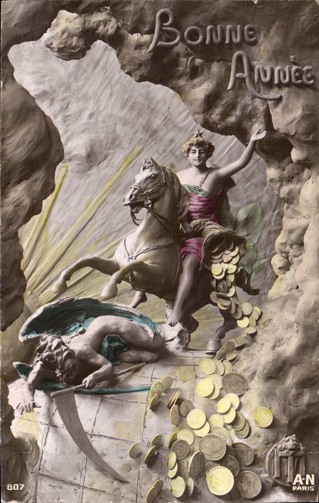 VINTAGE POSTCARD Currencies Woman Currency Happy New Year