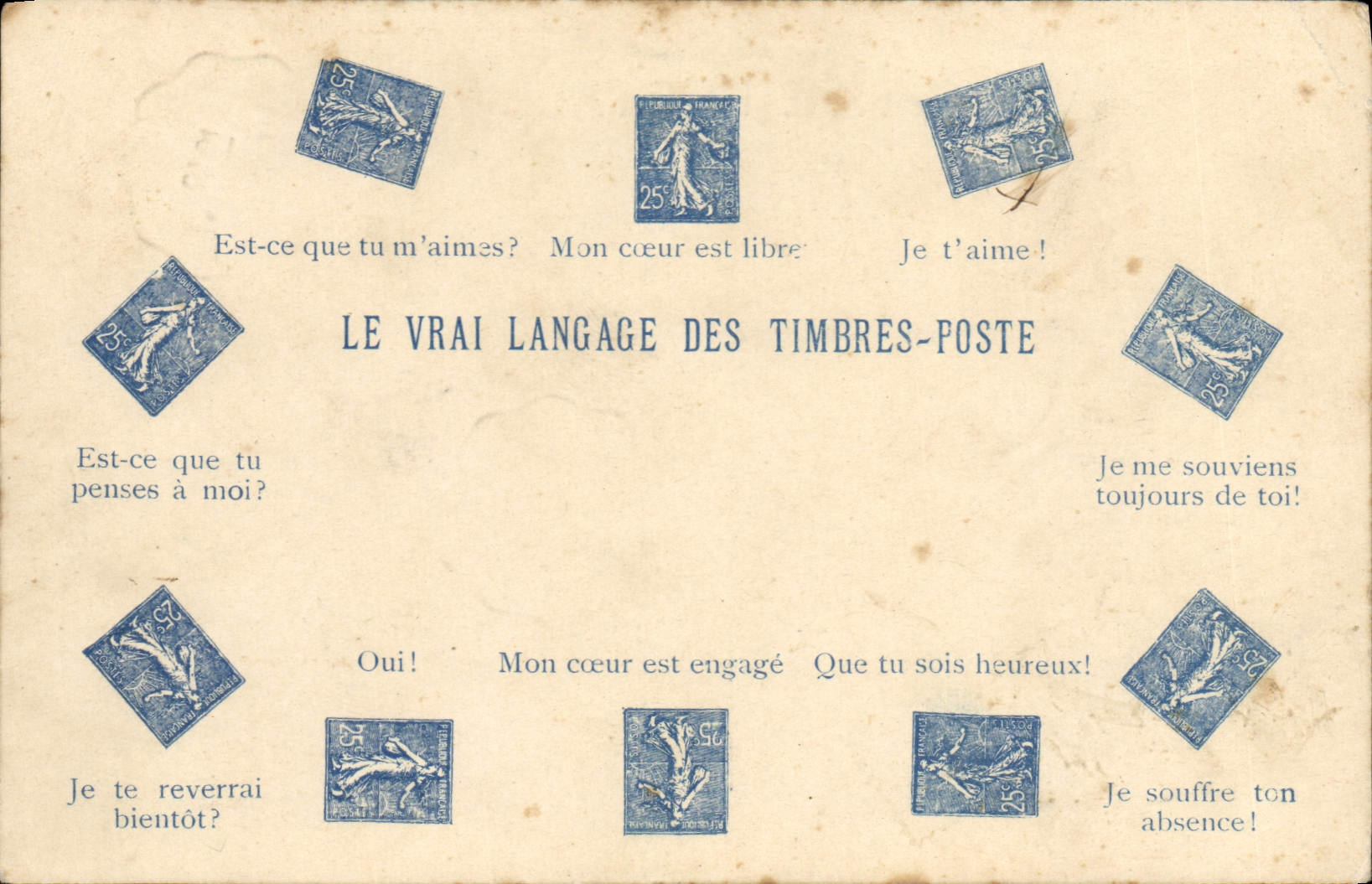 VINTAGE POSTCARD the true language of the stamps posts 25c Semeuse Line
