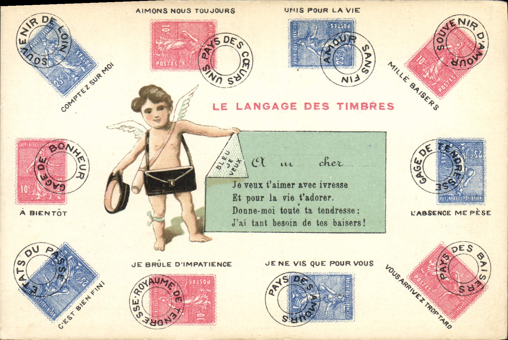 CPA Le langage des timbres Semeuse 10c 25c Ange