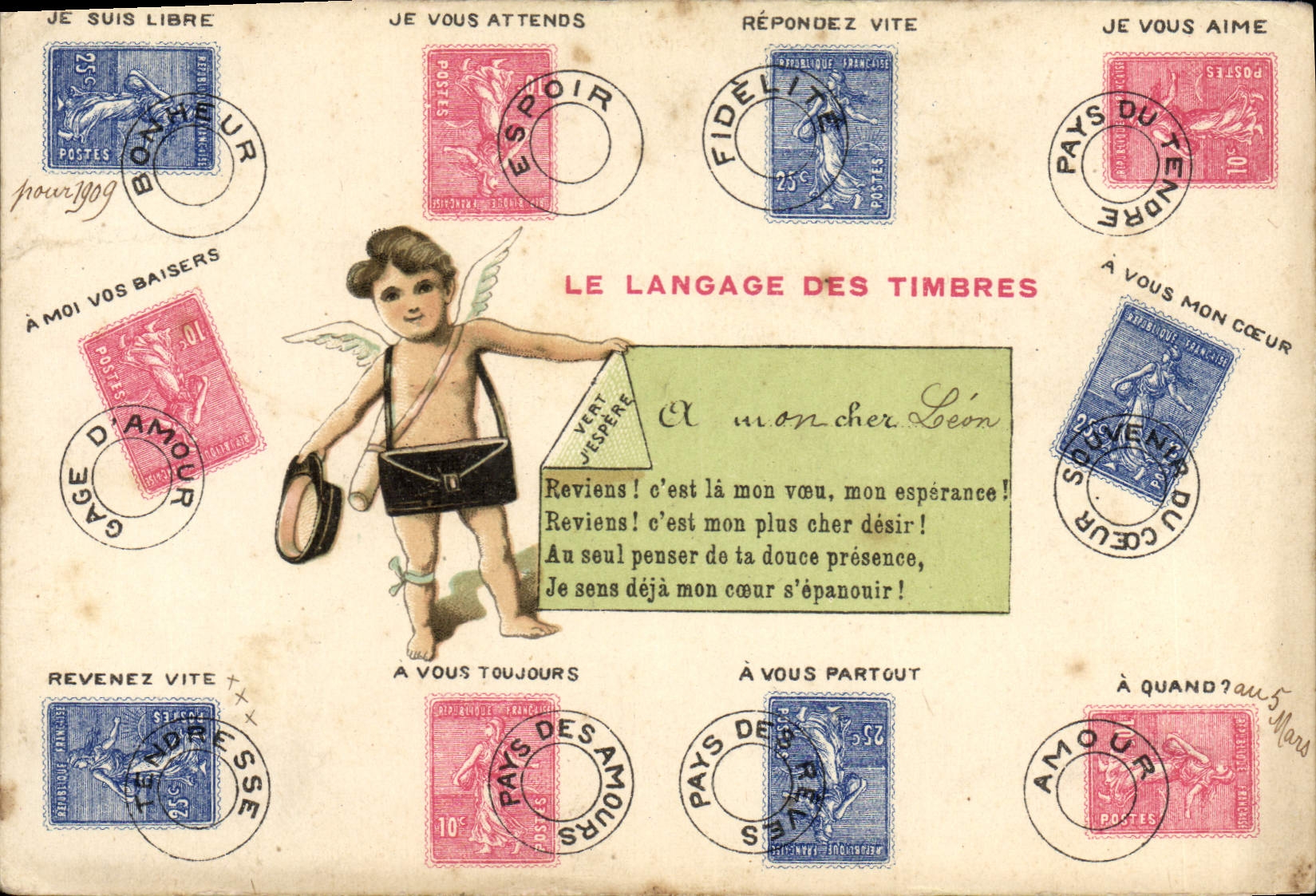 CPA Le langage des timbres Semeuse 10c 25c Ange