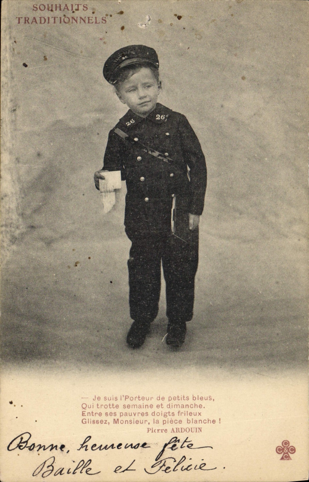 Niño del empleado de la oficina de correos del factor de la POSTAL de la VENDIMIA