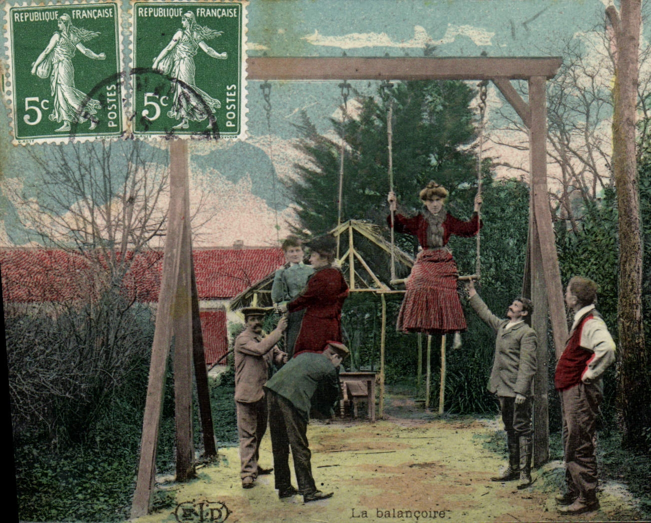 VINTAGE POSTCARD Woman the swing