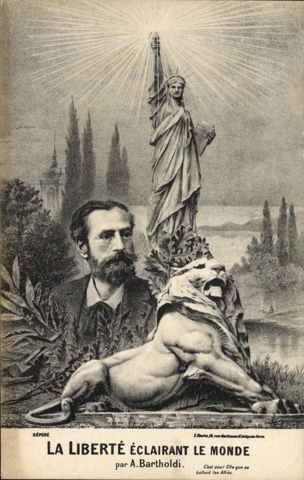 VINTAGE POSTCARD Statue of Freedom Freedom illuminant the world Bartholdi Lion