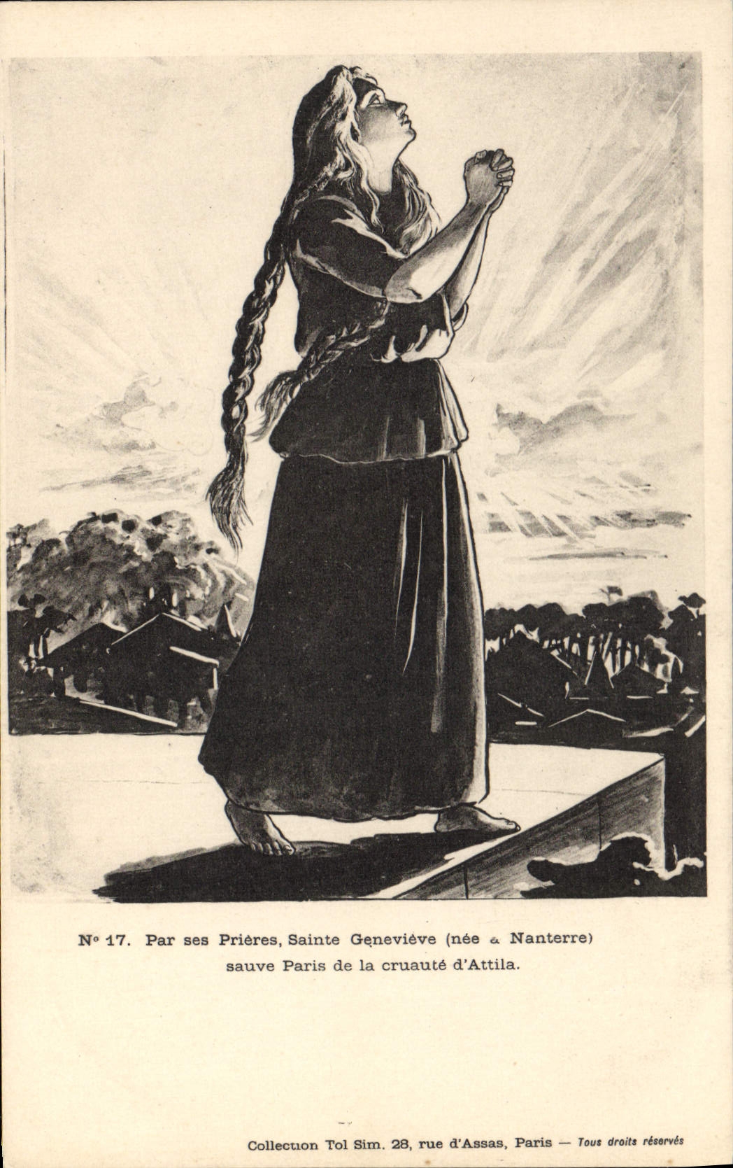 VINTAGE POSTCARD Sainte Genevieve Nanterre saves Paris of the Cruelty of Attila