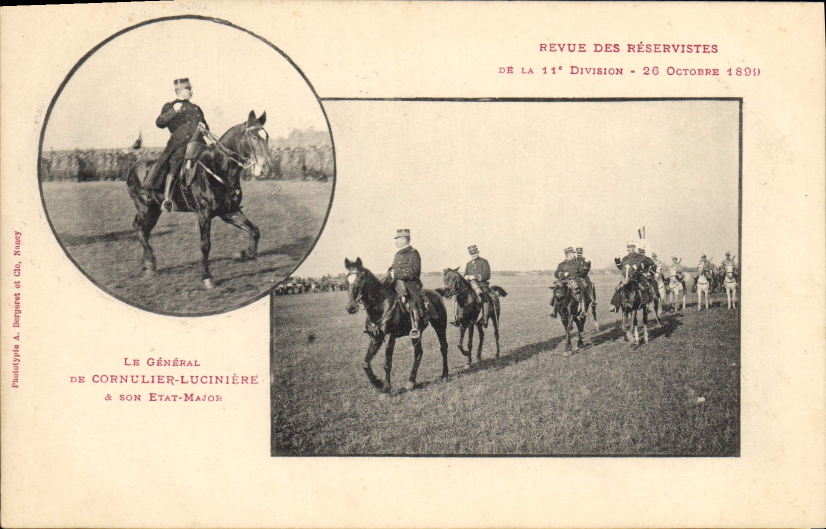 POSTAL Militaria de la VENDIMIA reexaminado de los reservistas de la 11ma división 1899 la general de Cornulier Luciniere y su comandante del estado
