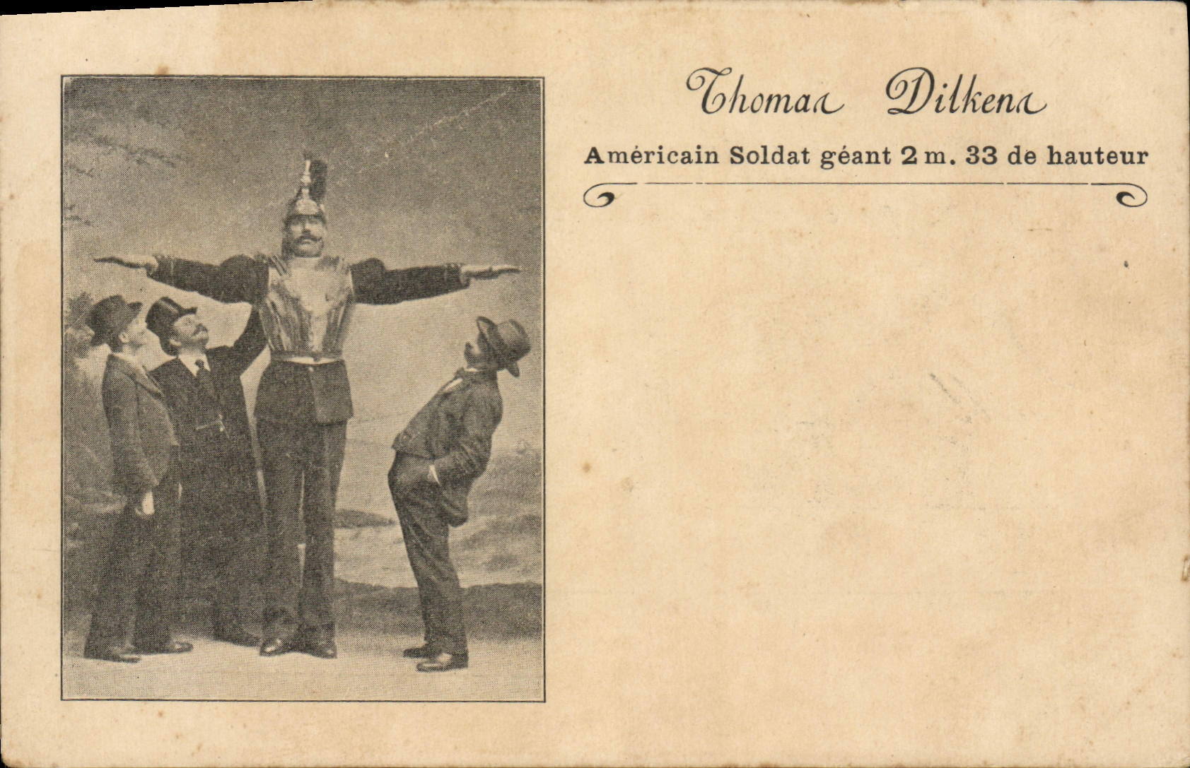 VINTAGE POSTCARD Thoman Dilkena American giant soldier 2 m 33