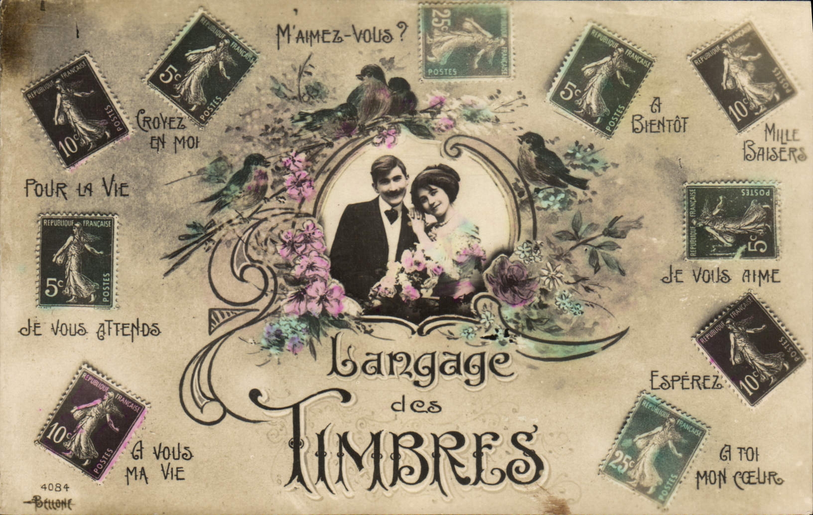 VINTAGE POSTCARD Language of the stamps Sower 10c 5c