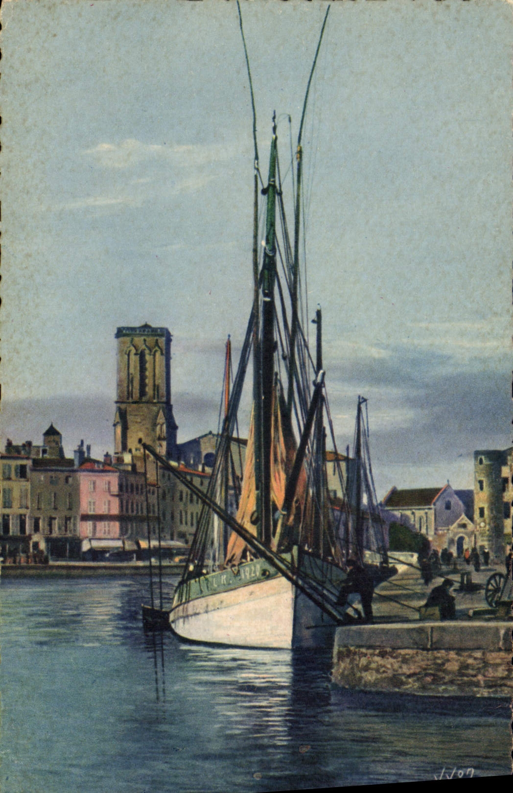 VINTAGE POSTCARD Vessel La Rochelle Fishing the port and the church Saint Saver