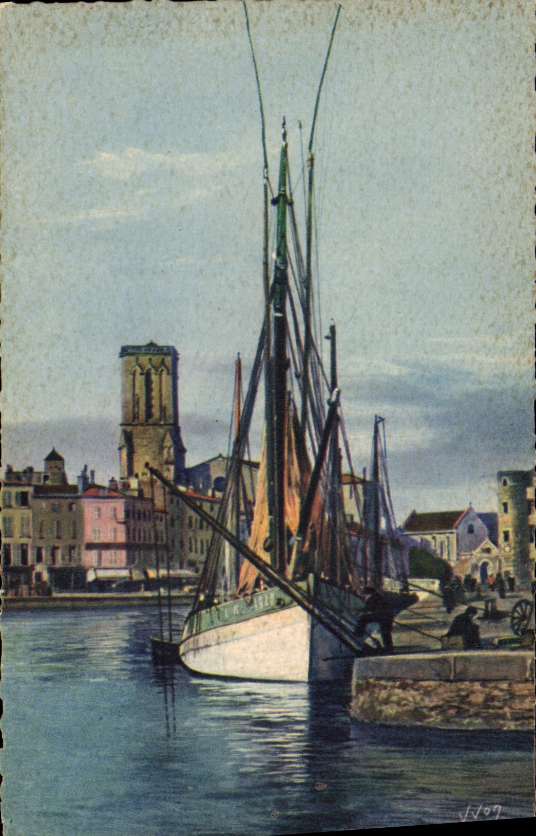 CPA Bateau de Peche La Rochelle le port et l'eglise Saint Sauveur