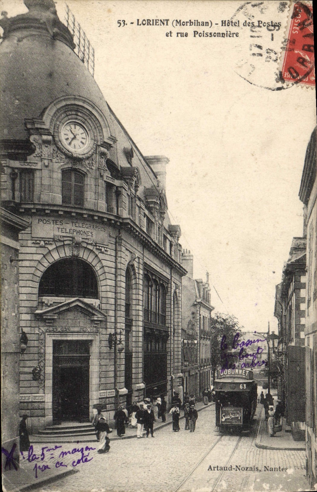 Edificio de la oficina de correos de Lorient de la estación de la POSTAL de la VENDIMIA y tranvía de Poissonniere de la calle