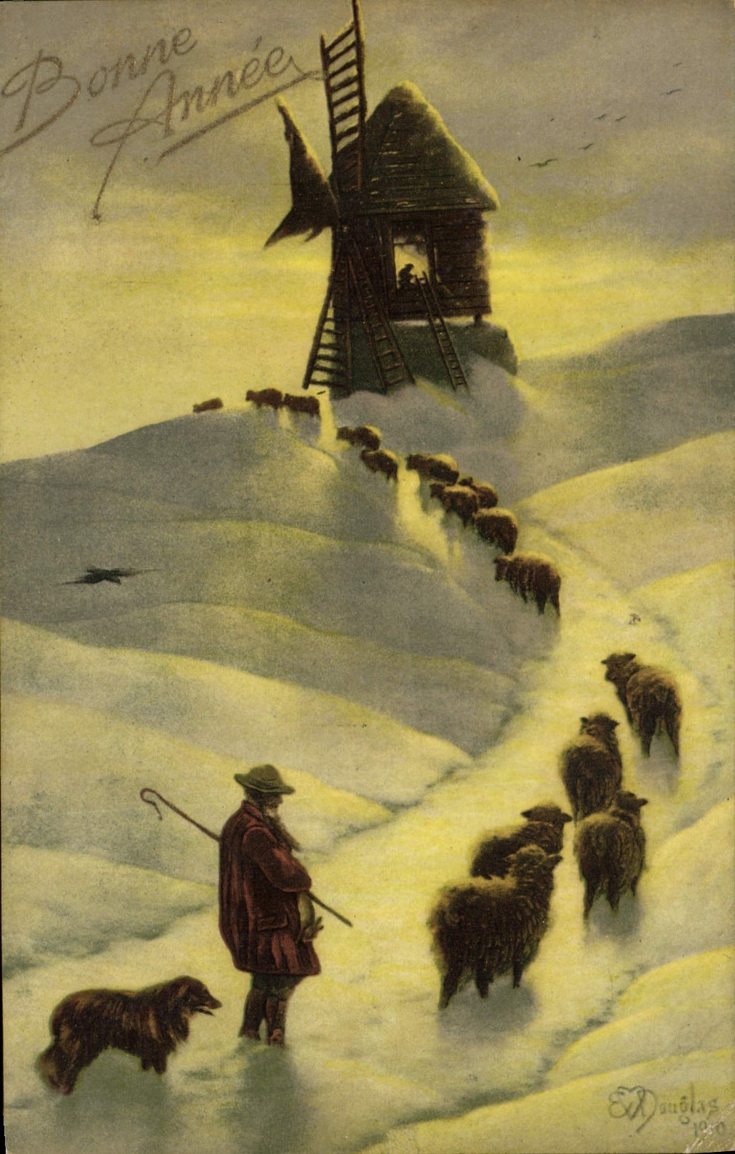 Molino de viento de Douglas de la POSTAL de la VENDIMIA él ovejas de Londres del silenzioso de Mulino