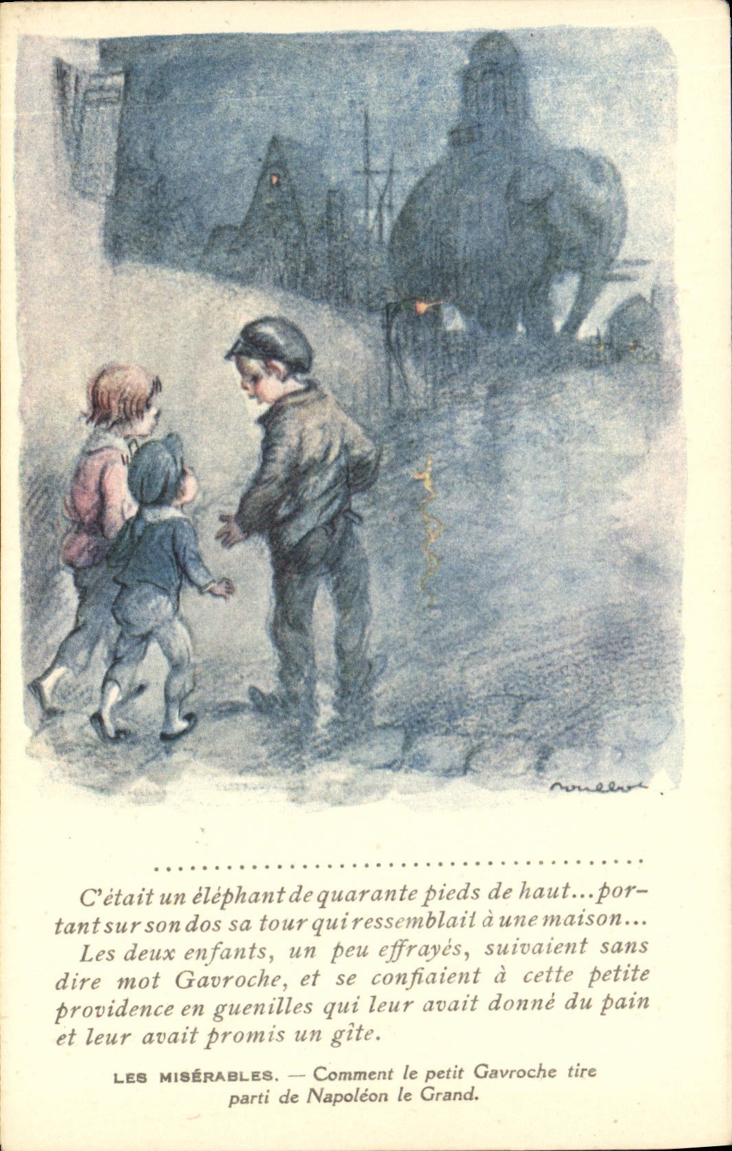 CPA Fantaisie Illustrateur Poulbot Victor Hugo Les Miserables Gavroche Napoleon Elephant