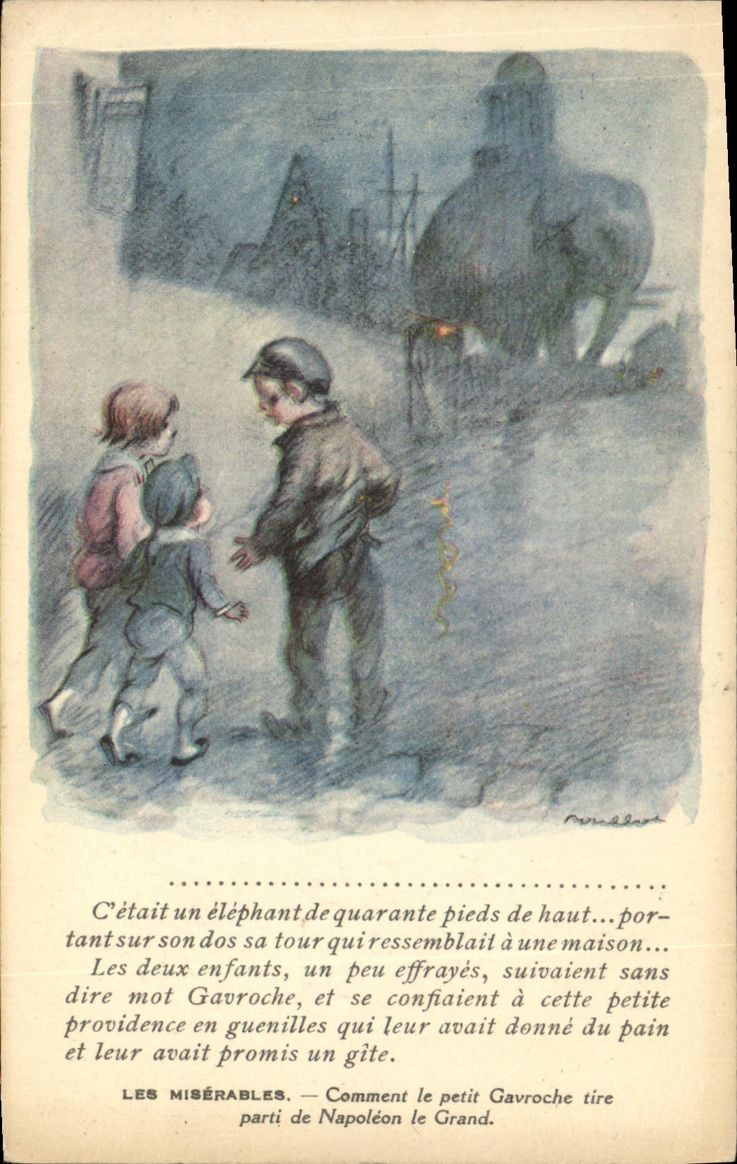 CPA Fantaisie Illustrateur Poulbot Victor Hugo Les Miserables Gavroche Napoleon Elephant