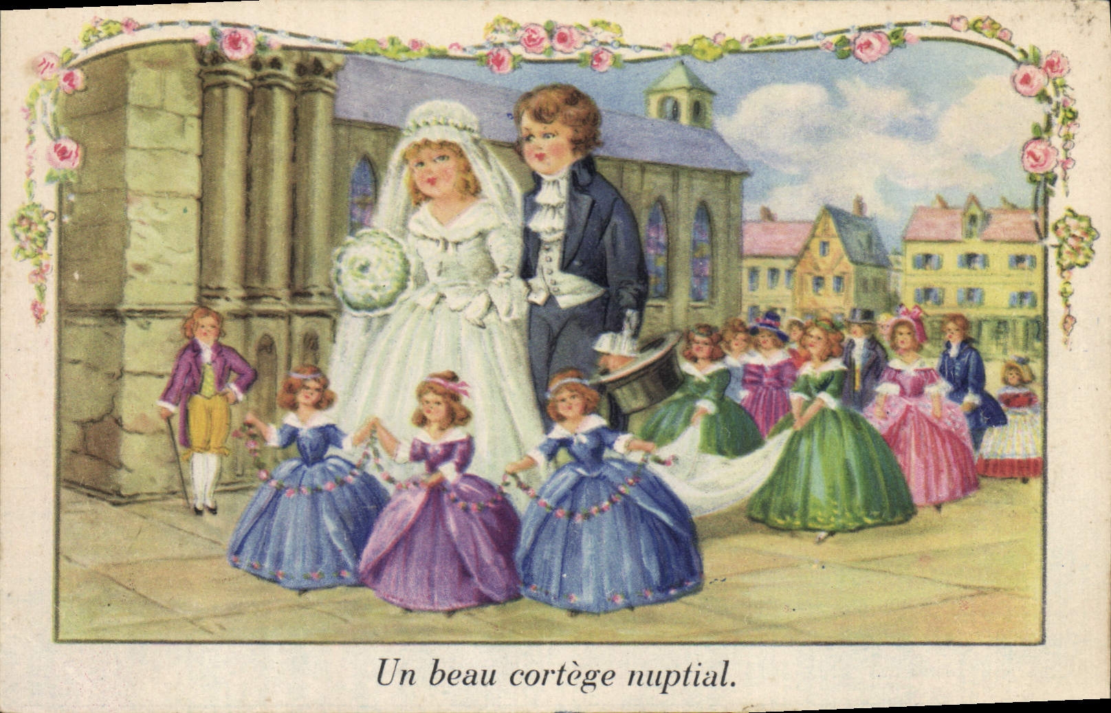 VINTAGE POSTCARD Fantasy Illustrator a beautiful bridal procession