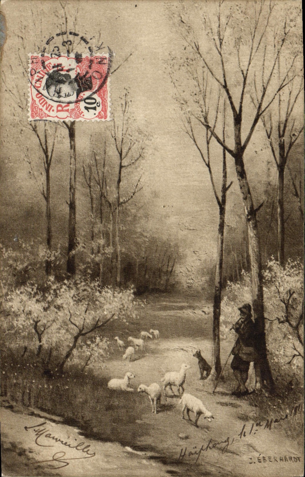 VINTAGE POSTCARD Fantaisie Illustrator Landscape Stamps Indo-China Berger Sheep