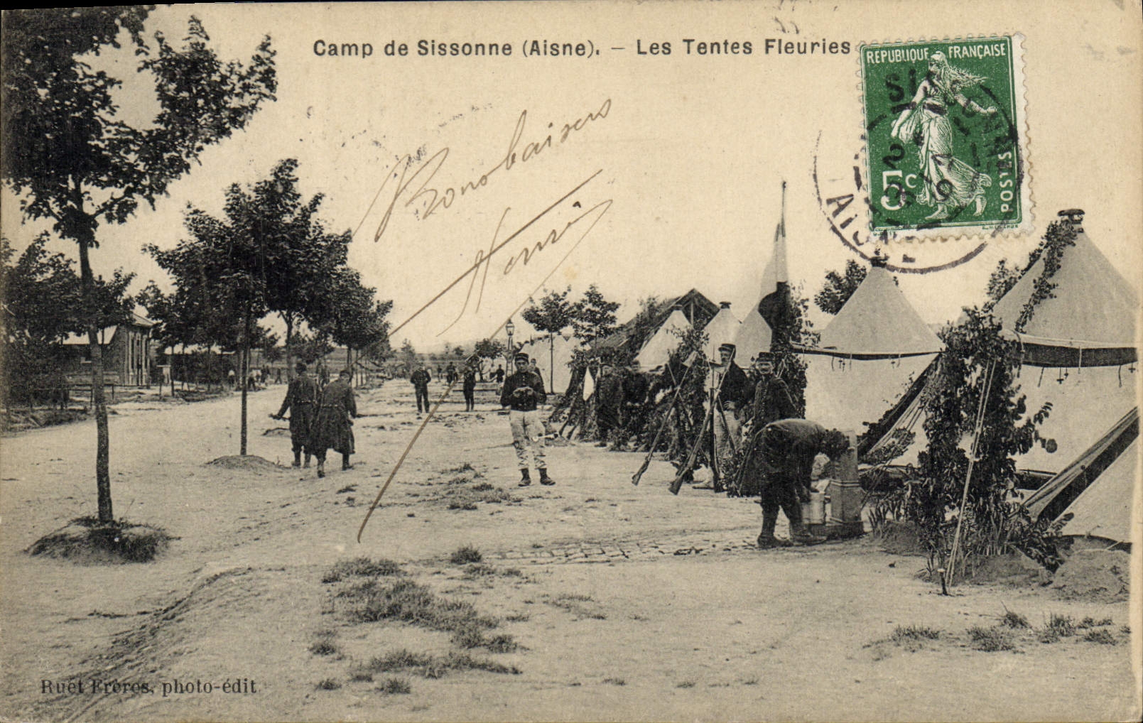 VINTAGE POSTCARD Fantasy Militaria Camp of Sissonne flowered tents