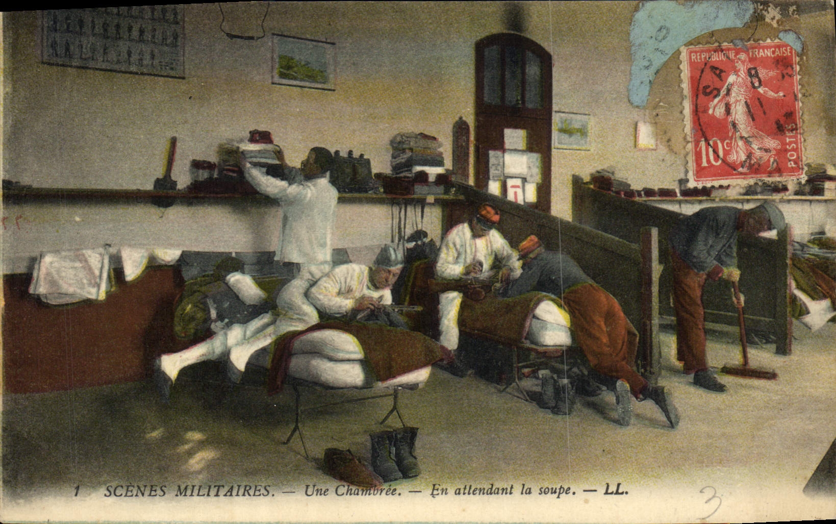 VINTAGE POSTCARD Militaria Fantasy a barrack room While waiting for soup
