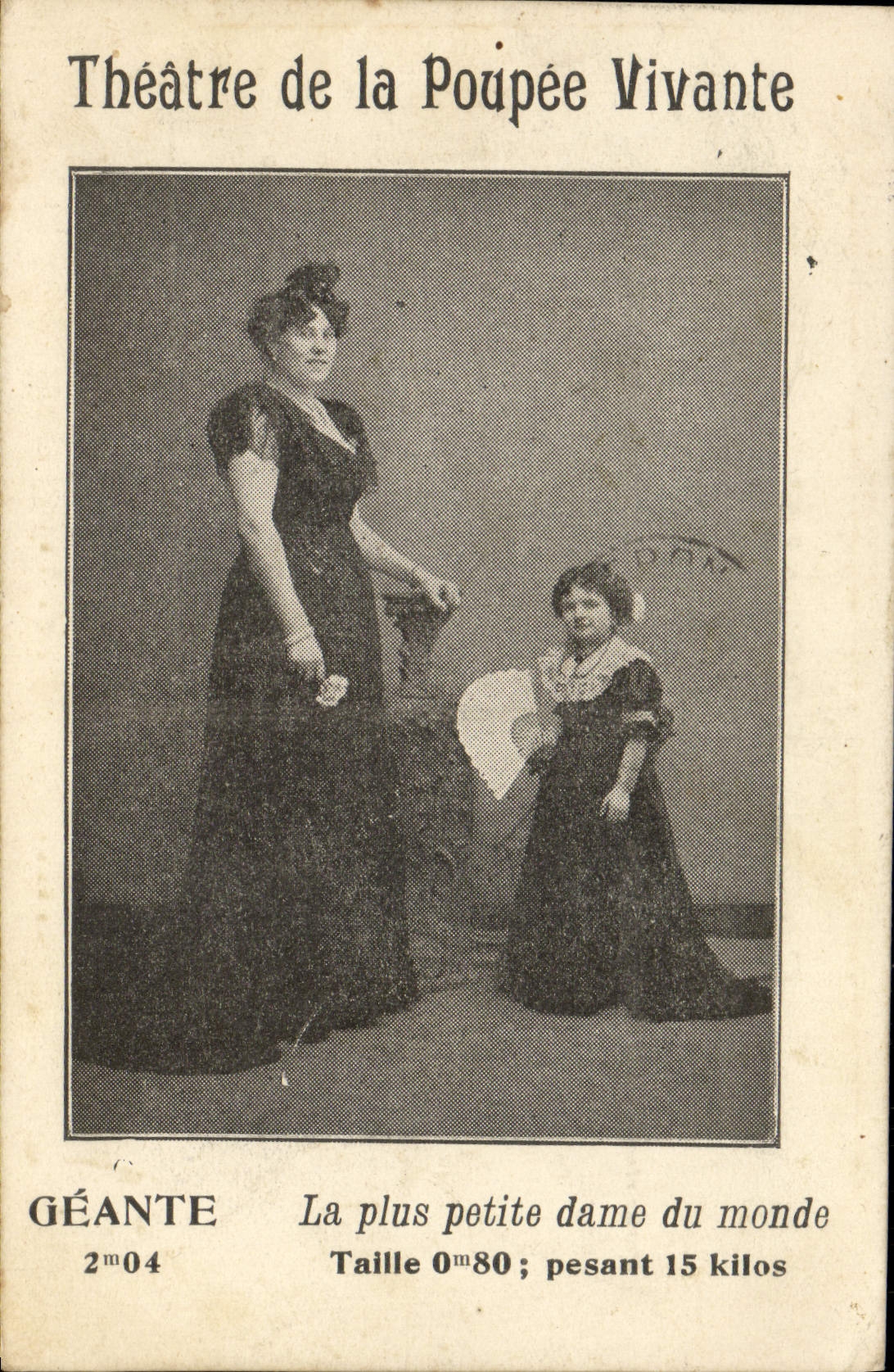 VINTAGE POSTCARD Dwarf Dwarves Giantess the smallest lady of the world Theater of the Alive Headstock