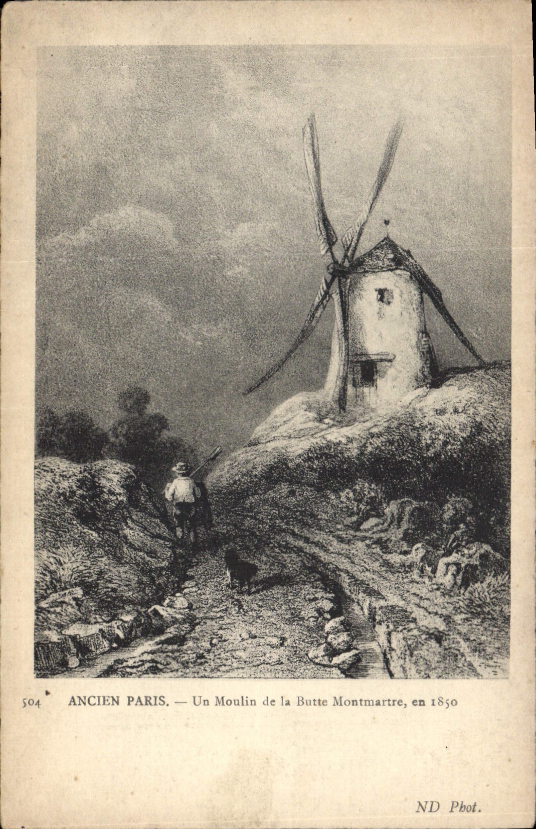 VINTAGE POSTCARD Windmill Old Paris a mill of the Montmartre Hillock in 1850