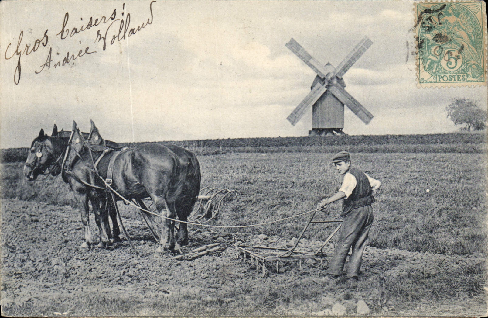 CPA Moulin a vent Laboureur Cheval