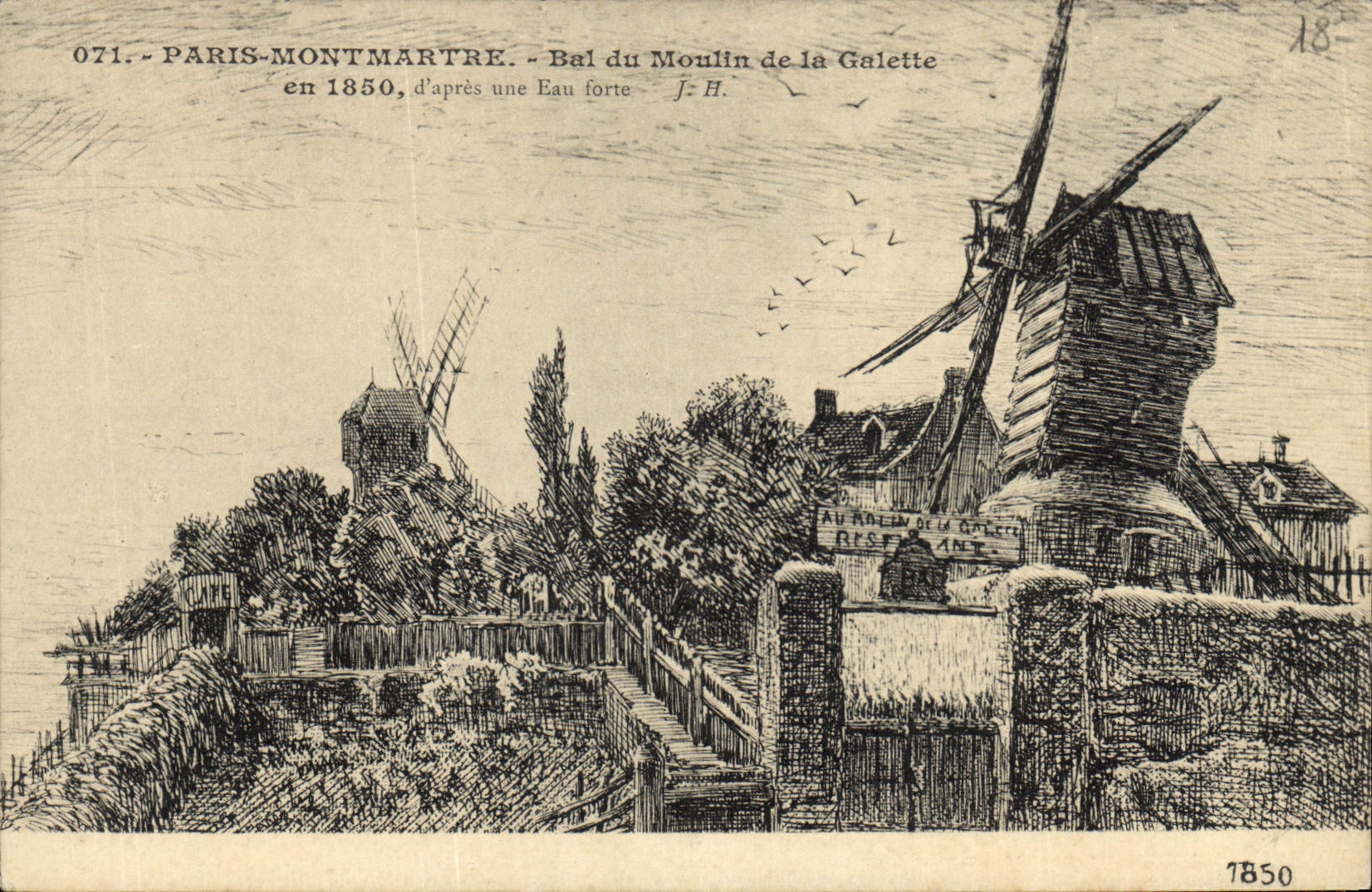 VINTAGE POSTCARD Windmill Paris Montmartre Ball of the mill of Wafer in 1850