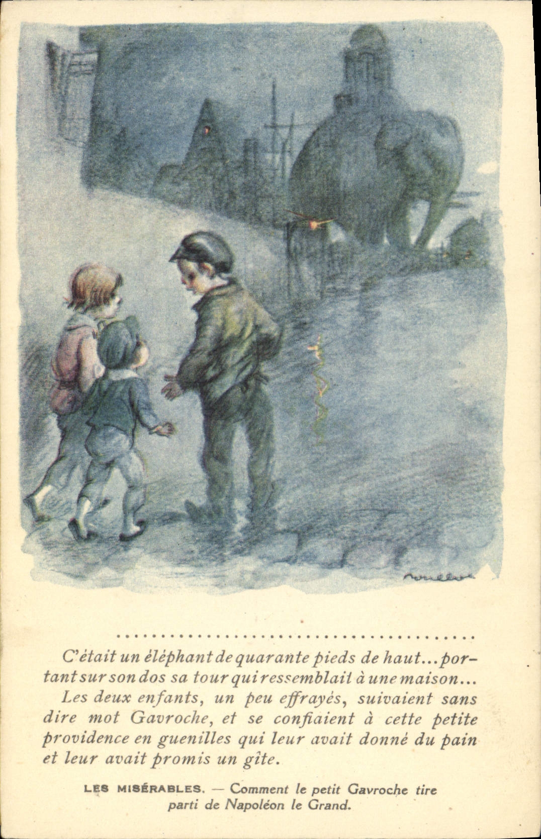 Ilustrador Poulbot Victor Hugo de la fantasía de la POSTAL de la VENDIMIA el elefante pobre de Gavroche Napoleon de los wretches