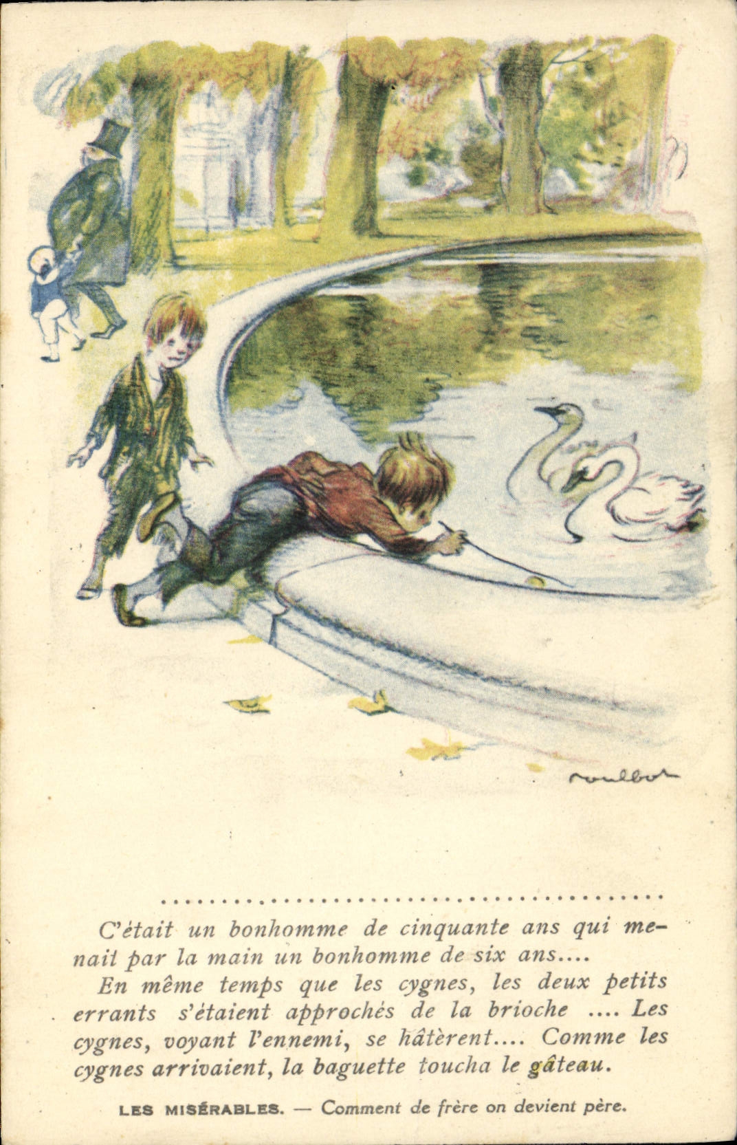 Ilustrador Poulbot Victor Hugo de la fantasía de la POSTAL de la VENDIMIA el cisne pobre del cisne de los wretches