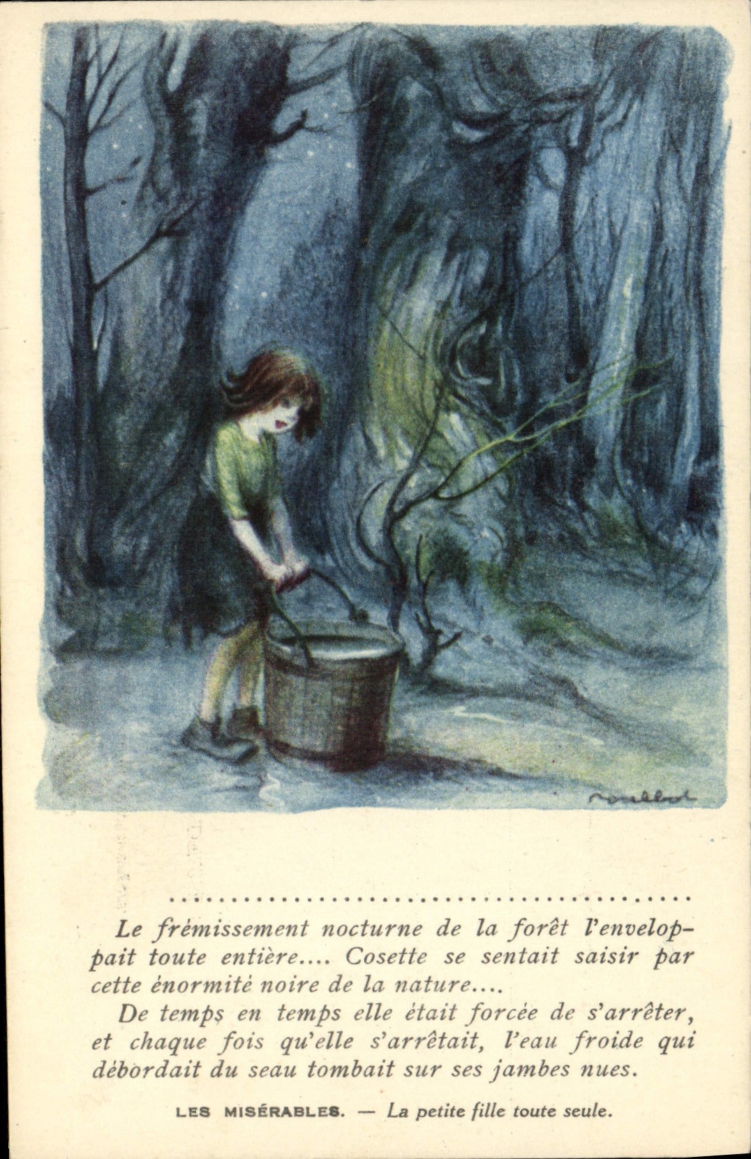 Ilustrador Poulbot Victor Hugo de la fantasía de la POSTAL de la VENDIMIA la niña todo sola pobre de GLa de los wretches