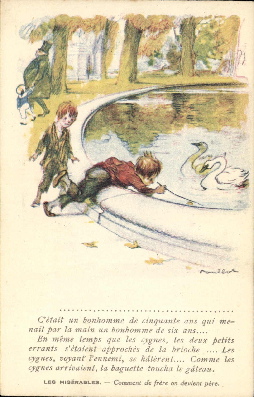 CPA Fantaisie Illustrateur Poulbot Victor Hugo Les miserables Cygne Swan