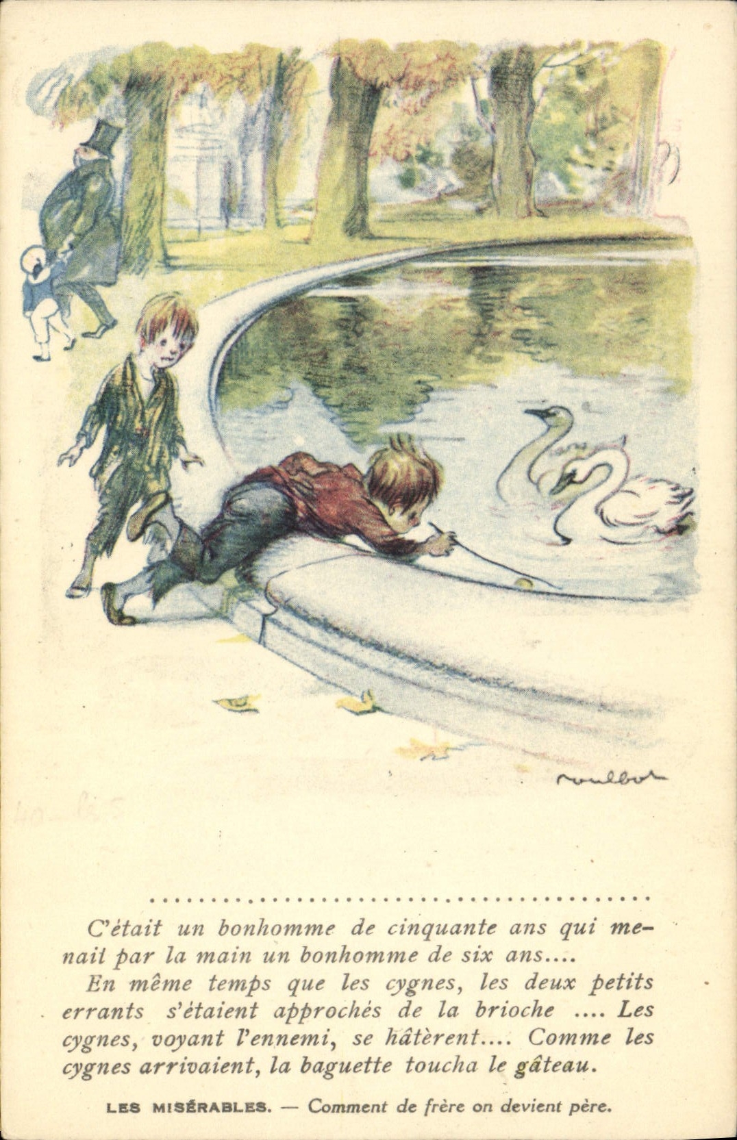 CPA Fantaisie Illustrateur Poulbot Victor Hugo Les miserables Cygne Swan