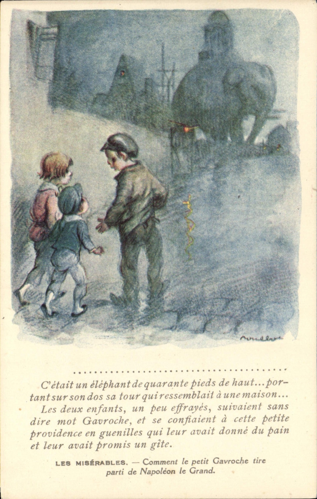 CPA Fantaisie Illustrateur Poulbot Victor Hugo Les miserables Gavroche Napoleon Elephant