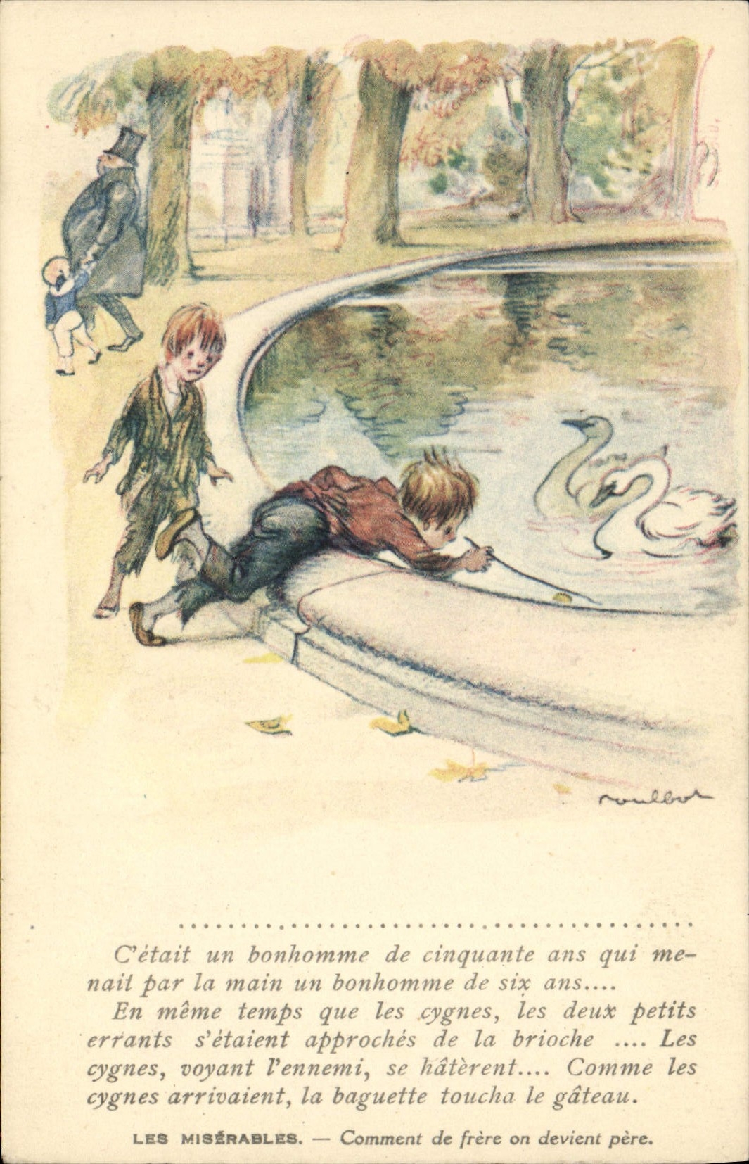 CPA Fantaisie Illustrateur Poulbot Victor Hugo Les miserables Cygne Swan