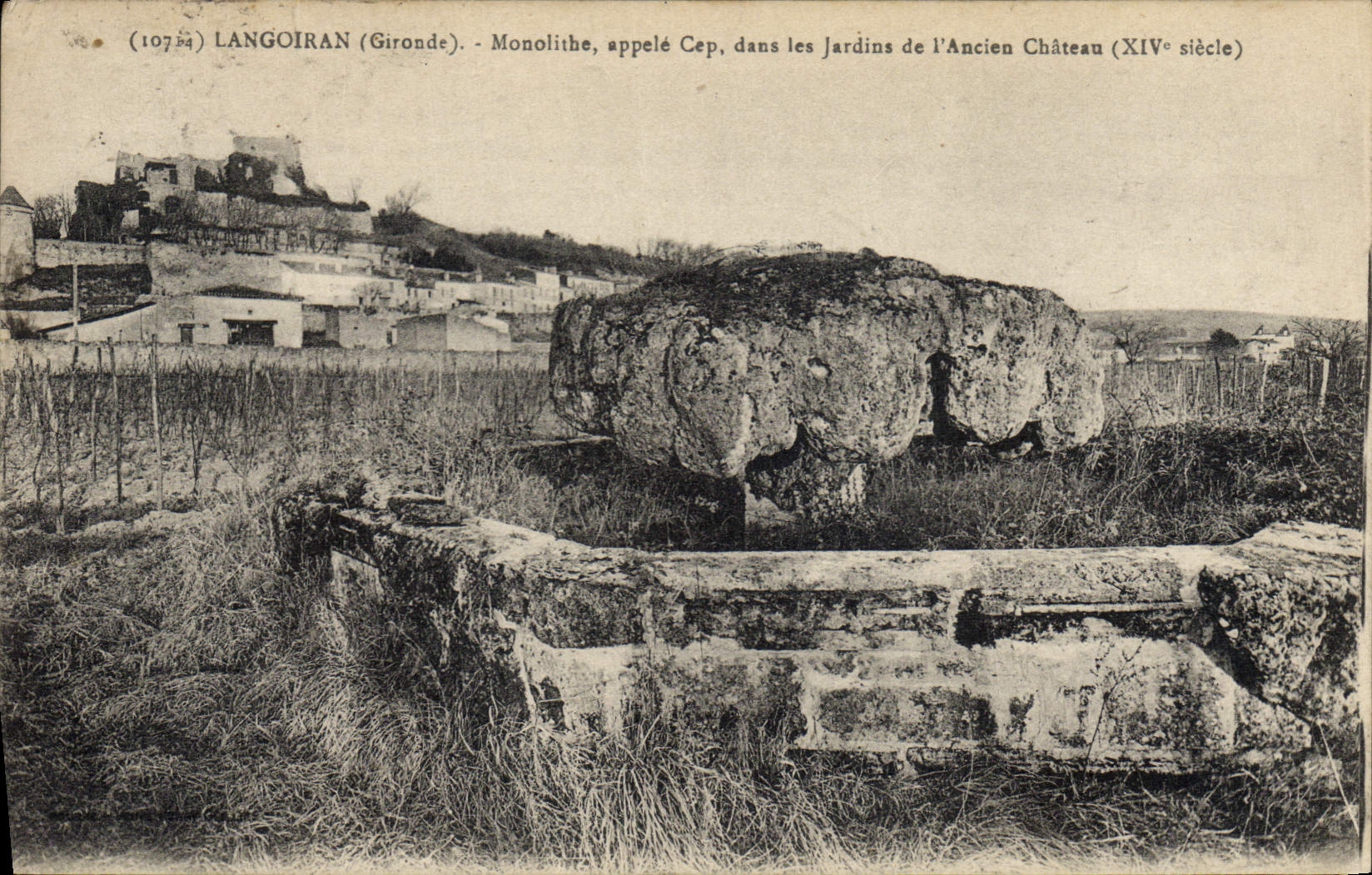 VINTAGE POSTCARD Menhir Dolmen Langoiran Monolithe calls Cep in the gardens of the old castle