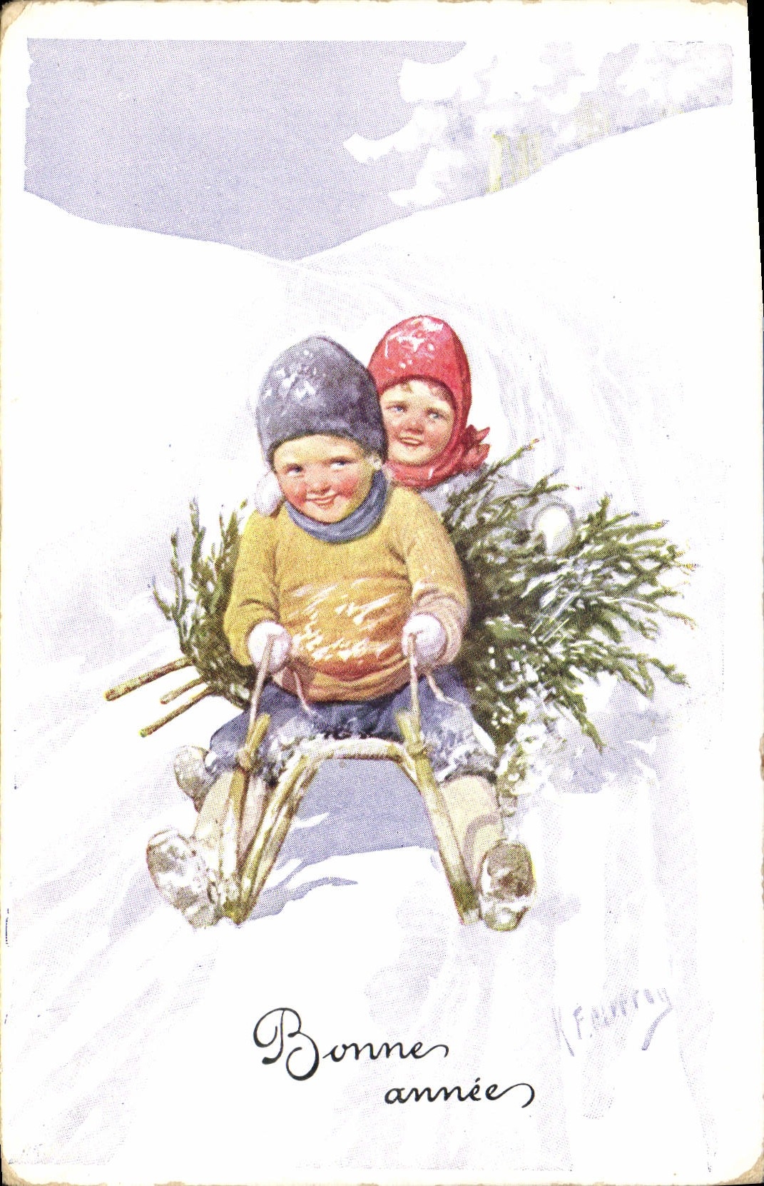 CPA Fantaisie Illustrateur Feiertug Enfants Luge