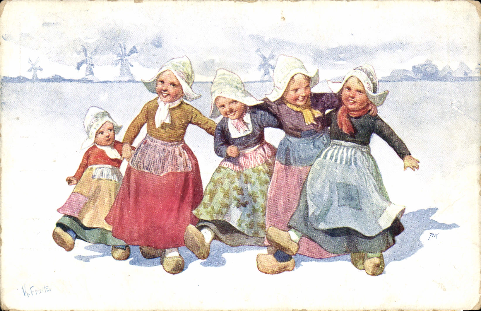 VINTAGE POSTCARD Fantasy Illustrator Feiertug Children Windmills